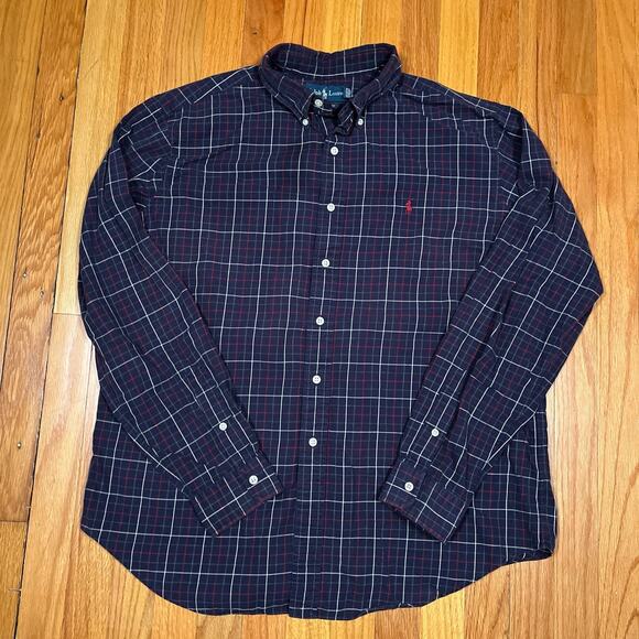 Ralph Lauren Classic Fit Windowpane Plaid Shirt Navy Blue Red White Button Down - Picture 2 of 6